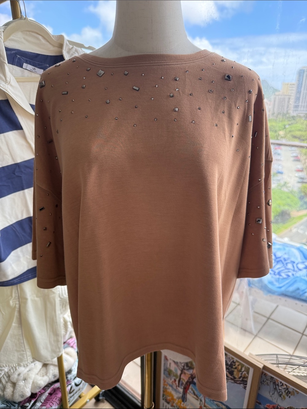 DAVI & DANI Rust Brown Short-Sleeve Studded Tee